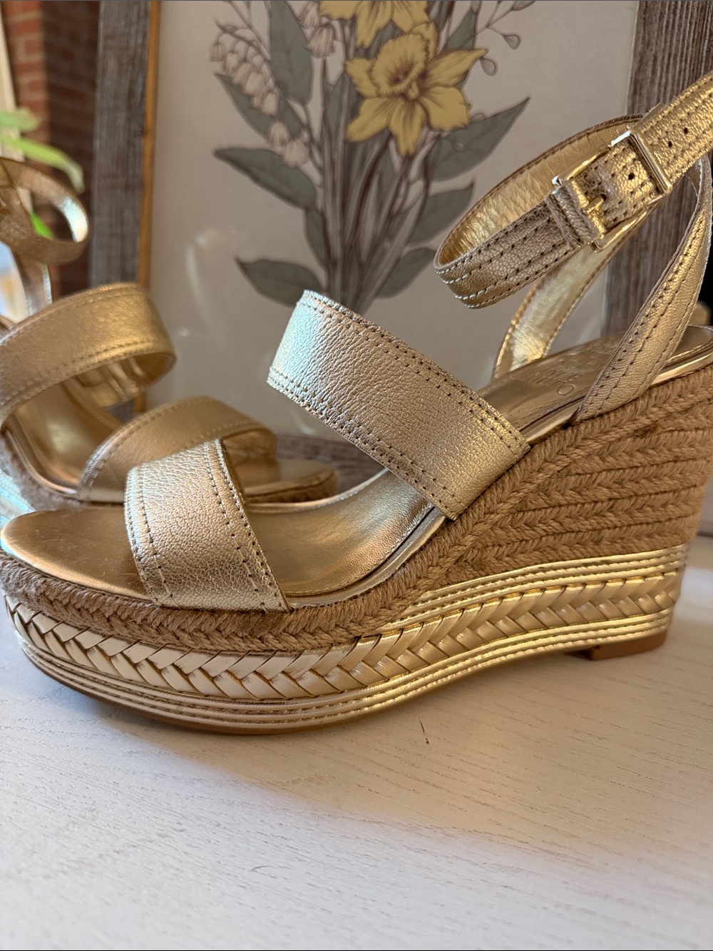 Vince Camuto Metallic Gold Espadrille Wedge Sandals - Picture 3 of 4